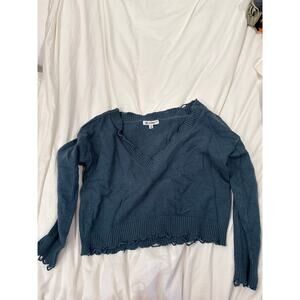 Dark teal Wild Honey soft v neck sweater with distressed hem